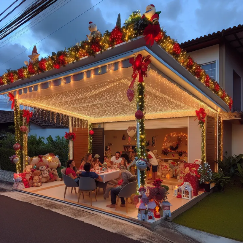 Um toldo iluminado com luzes de Natal, com uma família reunida em volta